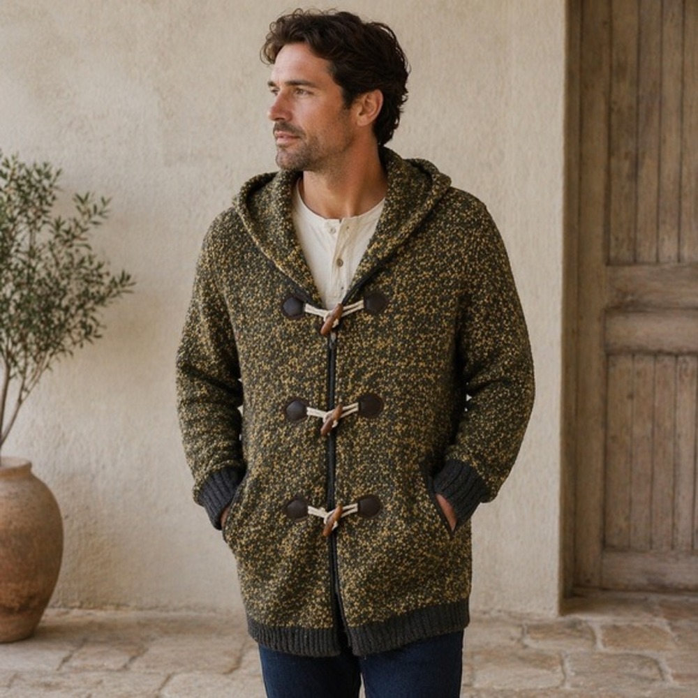 Mens Hooded‎ Toggle Cardigan Sweater M Yellow Brown Wool Blend Duffle Knit